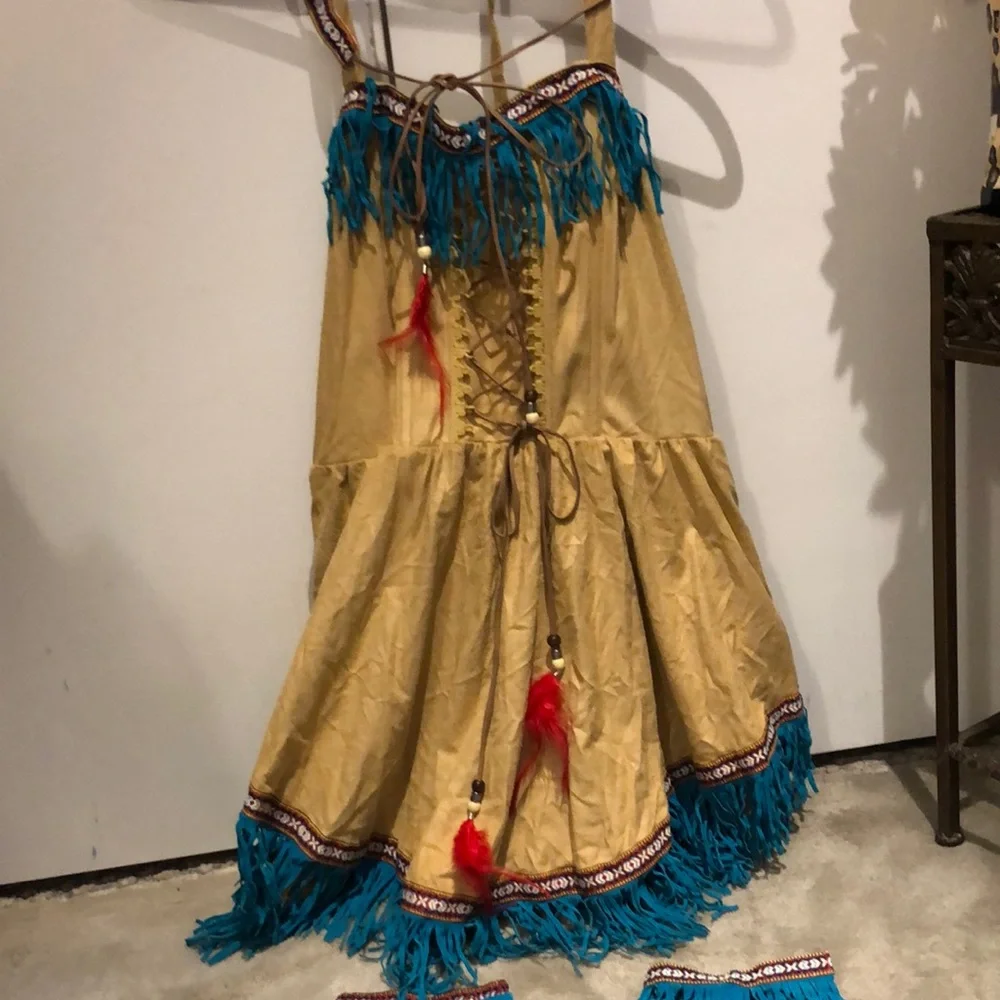 Buckskin costume - comes with belt trimmed w feather and beads. Fringed armbands - Picture 2 of 3